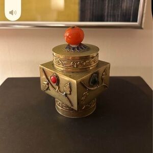 Asian Brass & Enameled Tea Caddy Trinket Box with Cabochons